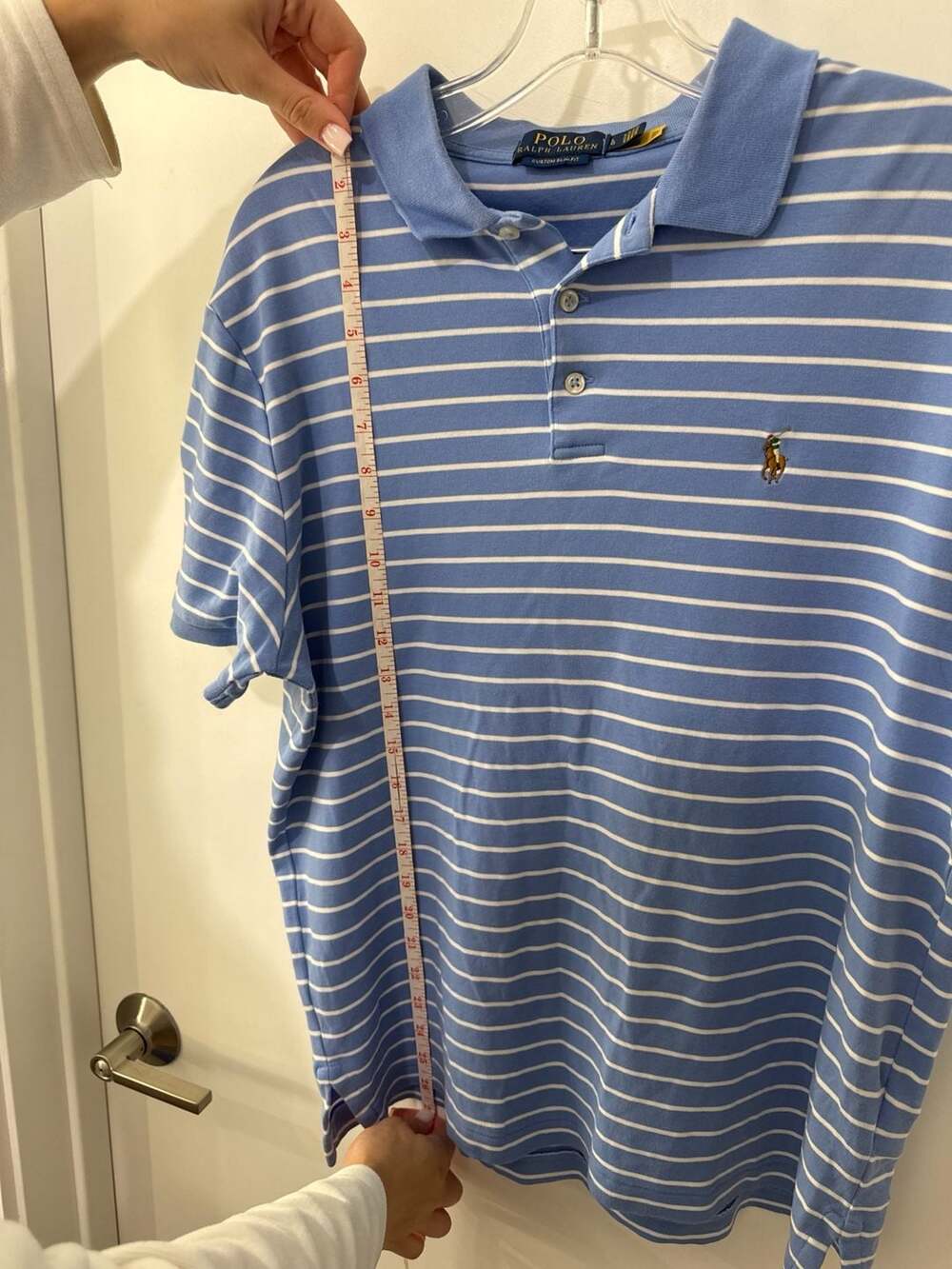 Polo Ralph Lauren Men's Custom Slim Fit Blue and White Striped Polo Shirt - Picture 7 of 7